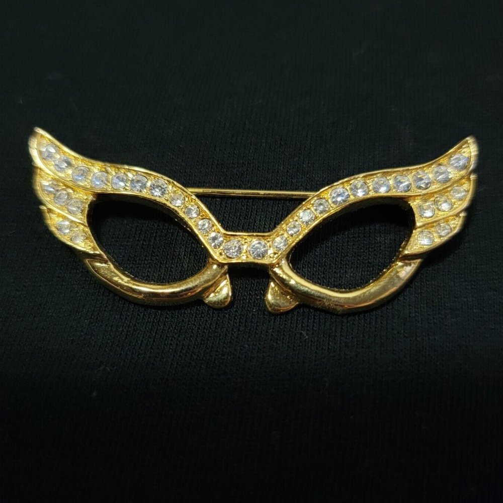 Rhinestone Cat Eye Sunglasses rockabilly Glasses Gold Tone Crystal Pin Brooch